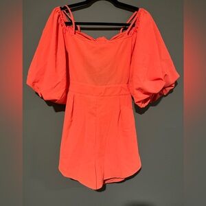 Bright coral/orange Puff Sleeve Romper